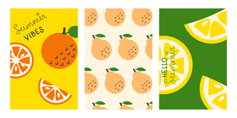 Summer citrus fruits vector vertical posters set. Perfect background template for banner, card, label, sale. Hand drawn illustration.