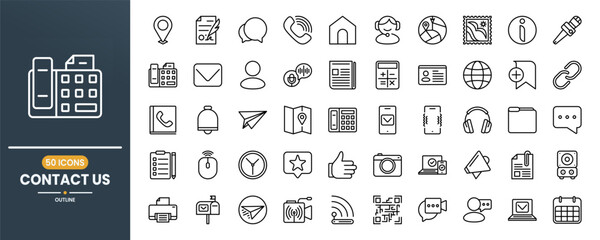 Contact us vector line icon set. Contains linear outline icons like Telephone, Mail, Support, Computer, Location, Chat, Fax, Message, Home, Phone, Agenda, Gallery. Editable use and stroke.