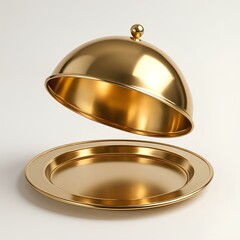 Elegant ajar gold cloche with a tray for serving hot dishes on an insulated white background. A symbol of luxury, haute cuisine and exclusive restaurant service.