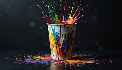 On a dark background, a cup was splashed with colorful paint.  AI-Produced