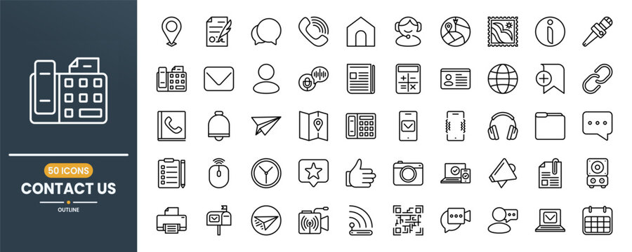 Contact us vector line icon set. Contains linear outline icons like Telephone, Mail, Support, Computer, Location, Chat, Fax, Message, Home, Phone, Agenda, Gallery. Editable use and stroke.