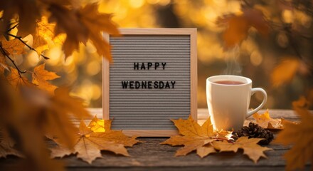 Happy Wednesday Autumnal Scene with Warm Drink and Fall Leaves