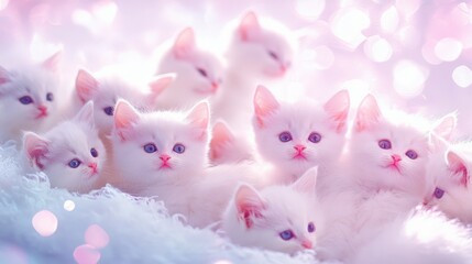 Fluffy white kittens cuddle on soft fur, bokeh background, adorable pet image for cards