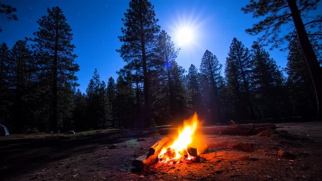 Campfire burning in forest clearing under bright full moonlight surrounded by tall pine trees. Nature concept
