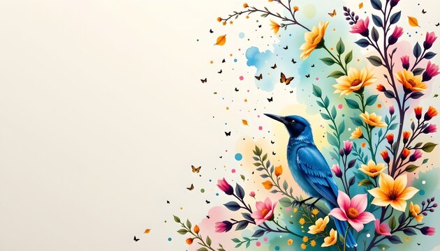 a stylized floral border frames an illustration of a blue bird perched among brightly colored flowers with a watercolor effect, set against a white background