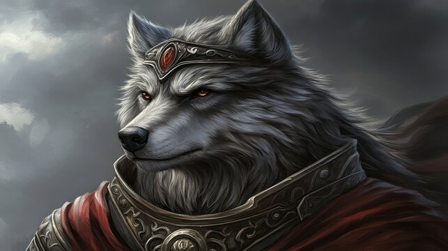 Majestic wolf king, stormy sky backdrop, fantasy art, game asset