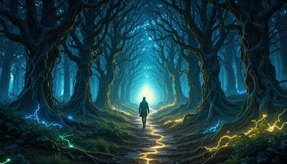 A person walks through a surreal forest illuminated by glowing, intertwined roots and branches. The scene is mystical and ethereal, with vibrant blues, greens, and yellows casting a dreamlike ambiance