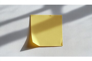 Yellow sticky note with one corner peeling off on a textured white surface illuminated by soft natural light casting shadows