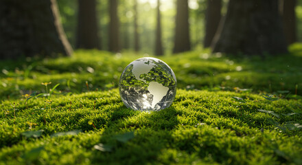 Glass globe of earth surrounded by nature representing environmental conservation