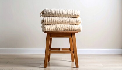 Folded throw blanket on a wooden stool