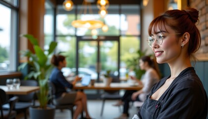 a person sits in a restaurant with large windows that allow natural light into the space. they are wearing glasses and a dark top