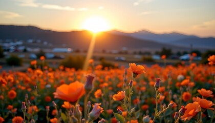 Fototapeta premium a tranquil rural scene at sunset, featuring a vibrant orange flower field extending towards the horizon under a radiant sky