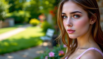 a woman with a contemplative expression as she stands outdoors in front of a house, framed by lush green grass. she's looking directly at the camera, creating a connection with the viewer