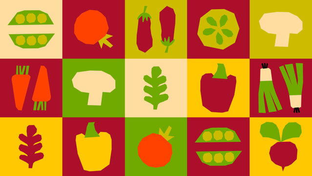Seamless vector pattern with vegetables- Whimsical vegetable illustrations in a vibrant collage grid. Retro Italian market feel, perfect for eco packaging, cooking blogs, or artisanal product branding