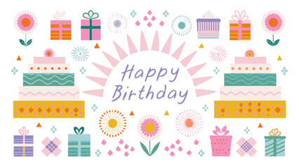 Fototapeta premium A happy birthday illustration featuring cakes gifts flowers and decorative elements in a colorful design style