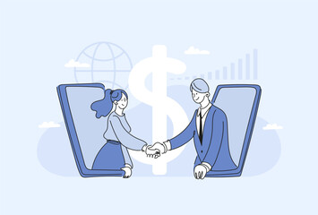 Concept of financial negotiations, global online business, job interview and career growth. Man and woman on phone screens shaking hands, flat vector illustration.