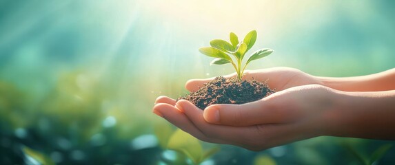 Fototapeta premium Close-up of hands gently holding a small seedling with soil under sunlight in a natural green blurred background