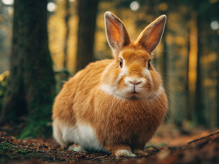A ginger fat rabbit sitting, with a natural  forest autumn background, Ai image generated