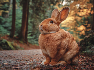 A ginger fat rabbit sitting, with a natural  forest autumn background, Ai image generated
