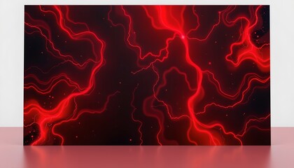 a wall poster with an abstract design resembling a digital glitch effect, predominantly in red hues against a black background