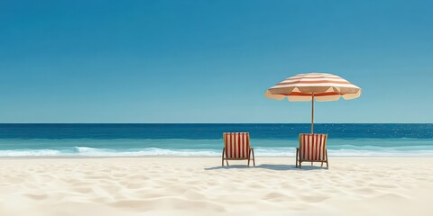 Obraz premium Two striped beach chairs and a matching umbrella on a pristine sandy beach with calm ocean waves and clear blue sky