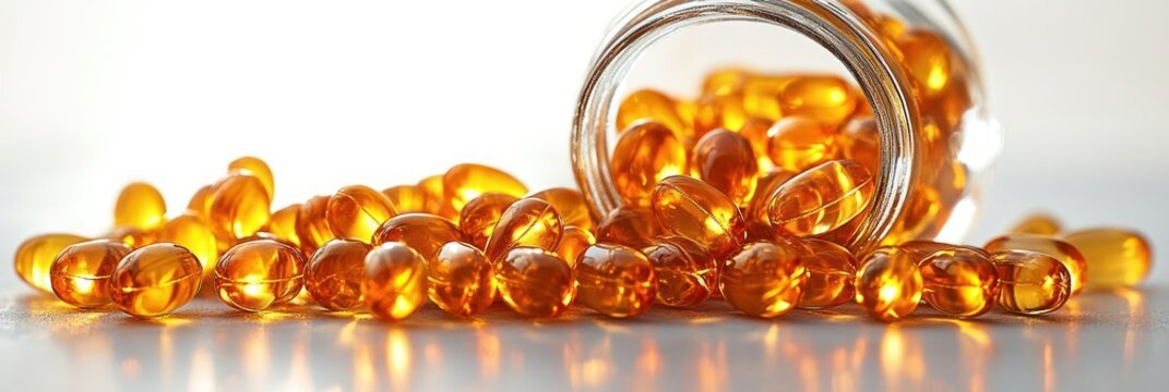 Close-up of transparent amber capsules spilling out of a clear glass jar onto a reflective surface with bright lighting - Powered by Adobe