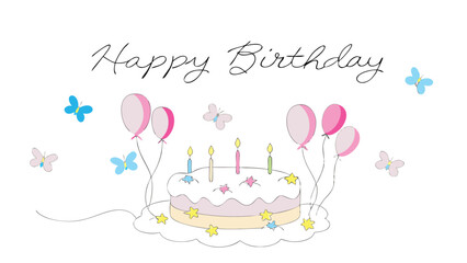 A birthday cake with candles and balloons surrounded by butterflies with happy birthday text above it