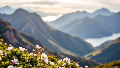 Fototapeta premium a serene mountainous landscape with lush green meadows, a scattering of wildflowers, and majestic mountains in the distance under a clear sky