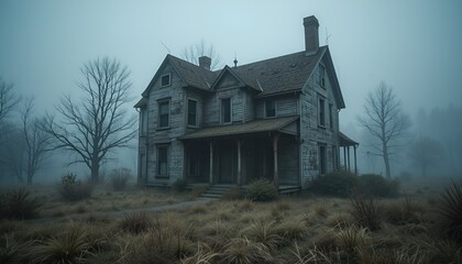 Fototapeta premium An eerie, weather-beaten house stands enshrouded in a heavy fog, conveying a sense of isolation.