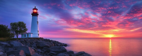 White lighthouse with red light on rocky shore overlooking calm sea during vibrant colorful sunset with dramatic clouds