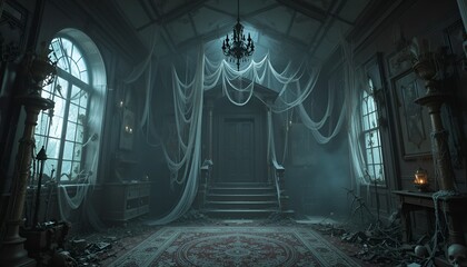 An eerie and atmospheric interior of an old mansion hallway filled with spiderwebs and dust.