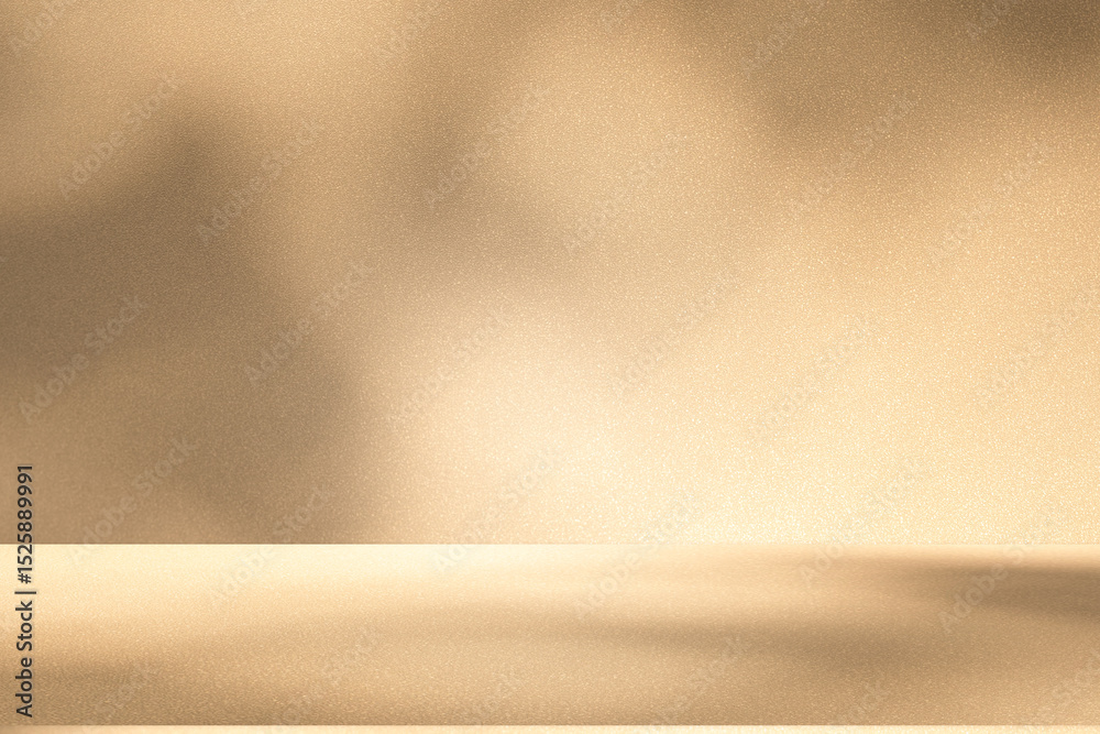 Poster Wall interior background, studio and backdrops show products. with leaf shadow from window color beige and white. background for text insertion and presentation of product	