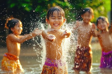 Obraz premium joyful children playing and splashing water in a sunny outdoor natural setting with vibrant greenery in the background