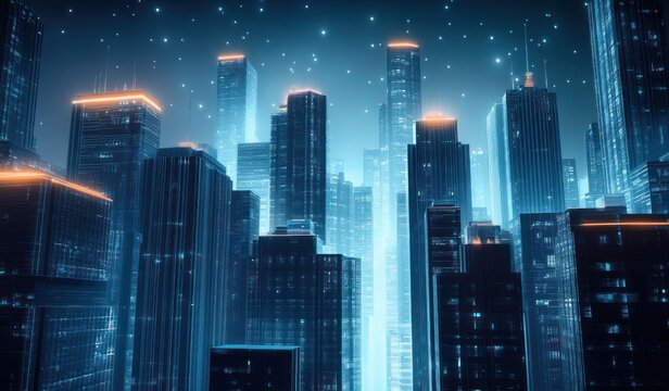 Futuristic city skyline with tall, illuminated skyscrapers glowing in blue and orange neon lights under a starry digital sky