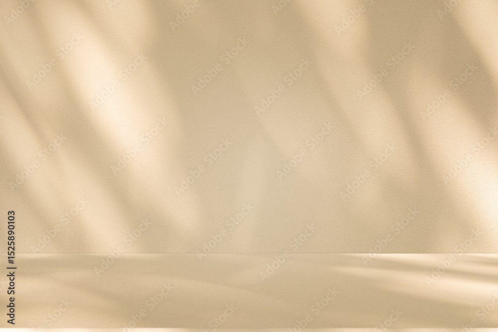 Poster Wall interior background, studio and backdrops show products. with leaf shadow from window color beige and white. background for text insertion and presentation of product	