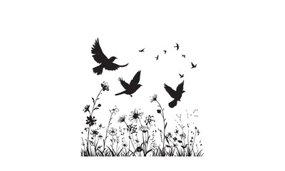 Birds in Flight over Plants