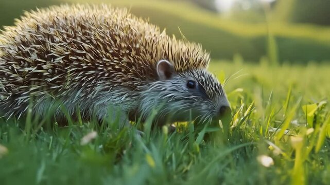 Cute wild bristly hedgehog mammal in green nature grass