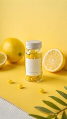Sleek vitamin A softgel bottle mockup displayed on a cheerful lemon‑yellow surface, highlighting minimalist labeling for fresh, clean supplement branding.