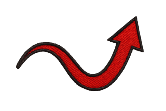 Vibrant Red Arrow Curving Upward, Black Outline, Isolated - Powered by Adobe