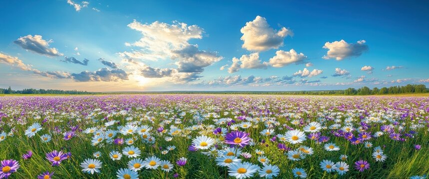 Expansive flower field filled with white and purple daisies under a bright blue sky with scattered fluffy clouds during sunset