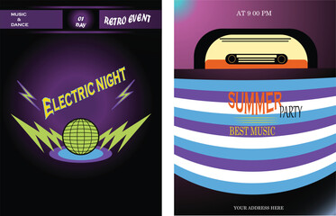 Funky Shapes And Neon Glow Party Poster Set. Vibrant Neon Disco Flyers.