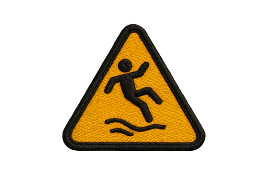 Triangular emblem alerts for slippery surface with person falling
