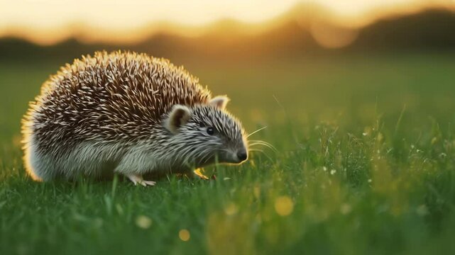 A cute, prickly hedgehog in its natural wild grass habitat, showcasing its spiny bristles for protection