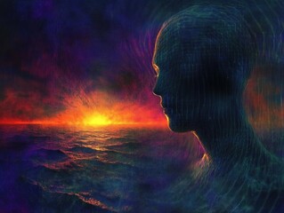 Silhouette of a human head with digital wireframe texture facing glowing sunrise over turbulent ocean under a dark vivid sky