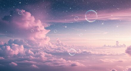 Whimsical scene of clouds, bubbles, and stars in a dreamy sky at dusk
