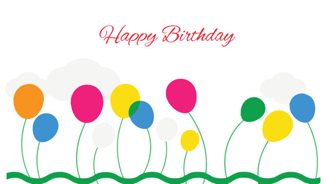 A cheerful birthday card featuring colorful balloons on stems with clouds and happy birthday text above