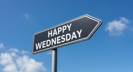 Fototapeta premium Happy Wednesday Sign Against a Blue Sky with Fluffy Clouds: A Cheerful Day