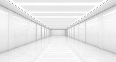 Empty bright white futuristic corridor with glossy floor and ceiling lights creating symmetrical reflections and a sense of depth