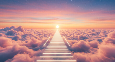 Stairway to Heaven concept with clouds, sky and a bright light at the end