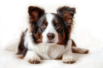 close-up of an attentive tricolor dog with brown eyes lying down on a white surface with ears perked up